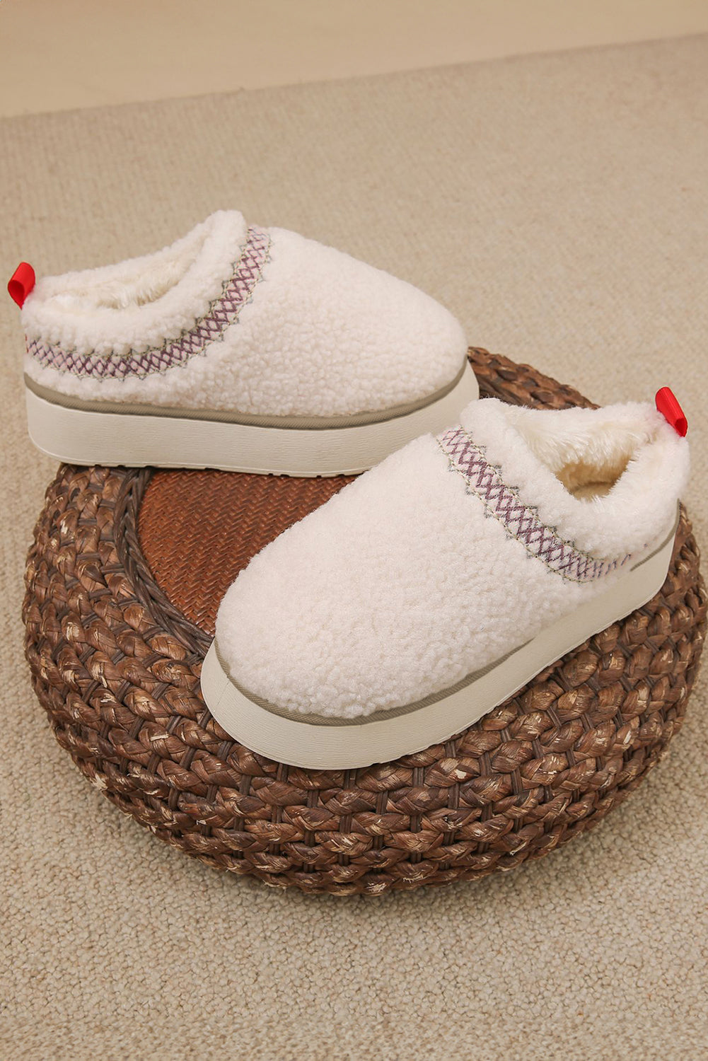 White Fleece Contrast Trim Plush Thick Sole Slippers