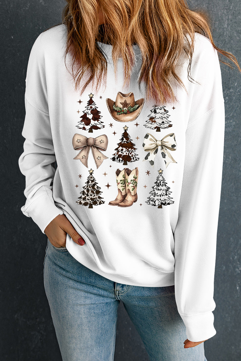 White Bow Christmas Tree Heat Transfer Printing Drop Shoulder Sweatshirt