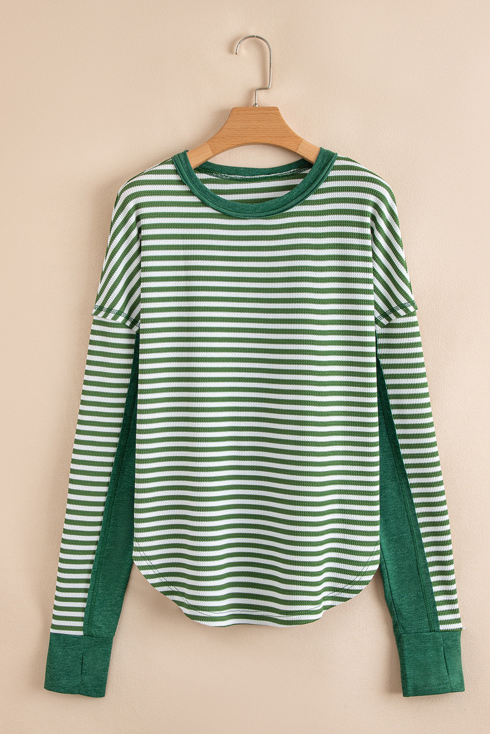 Green Striped Patchwork Knit Drop Shoulder Top