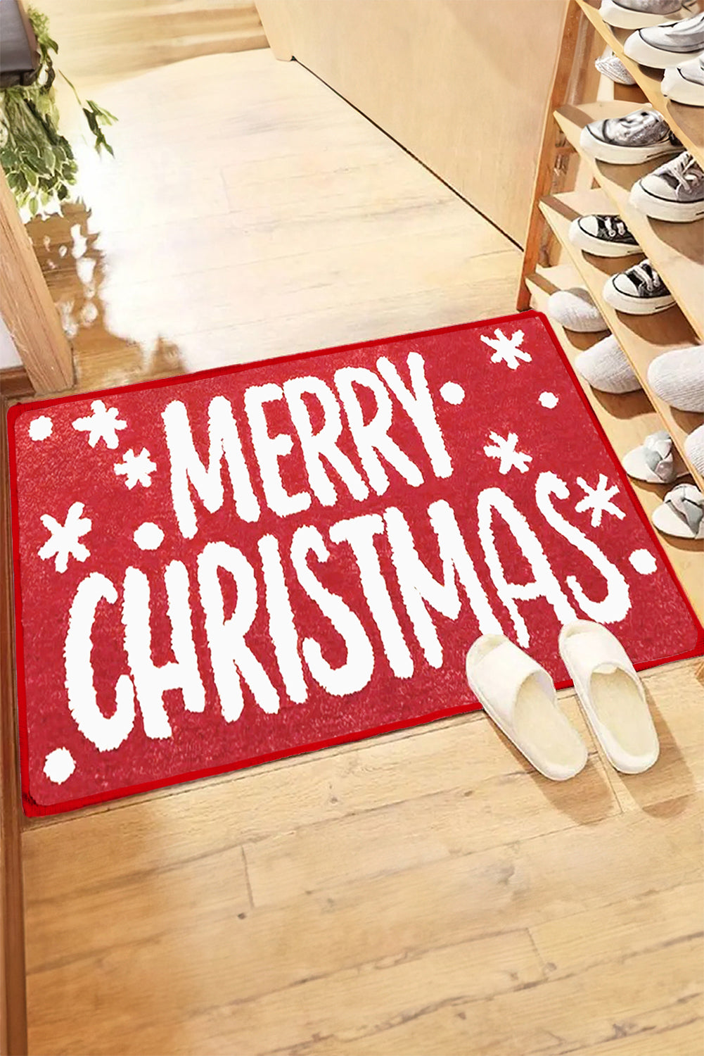 Fiery Red MERRY CHRISTMAS Plush Entrance Mat