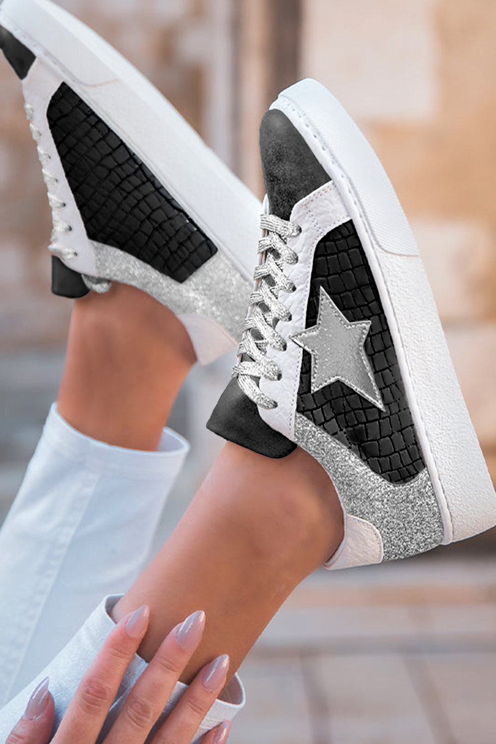 Black Glitter Star Patchwork PU Leather Lace-up Sneakers