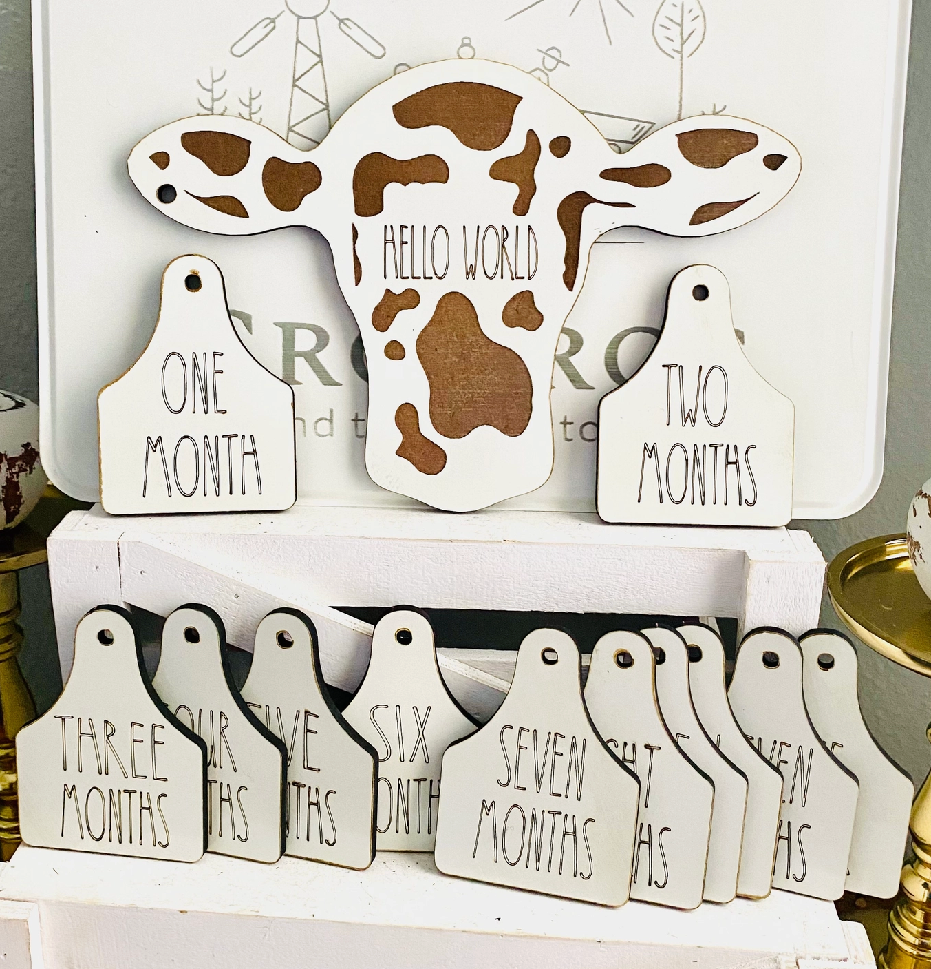 13 Pc Wood Cow/Cow Tag Milestone Set