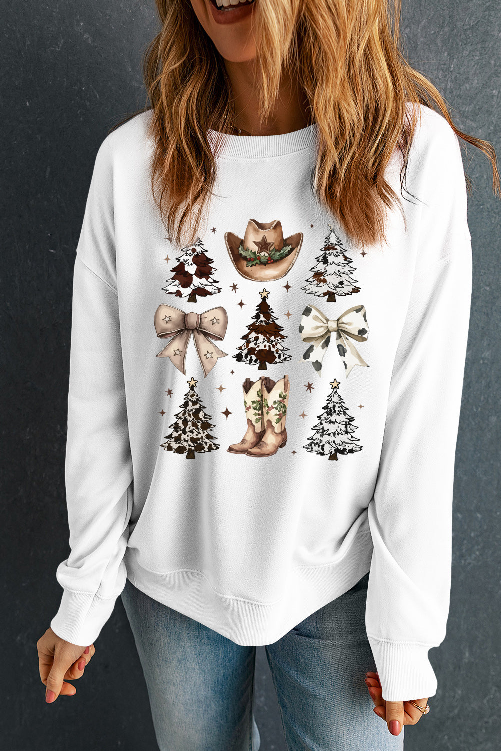 White Bow Christmas Tree Heat Transfer Printing Drop Shoulder Sweatshirt