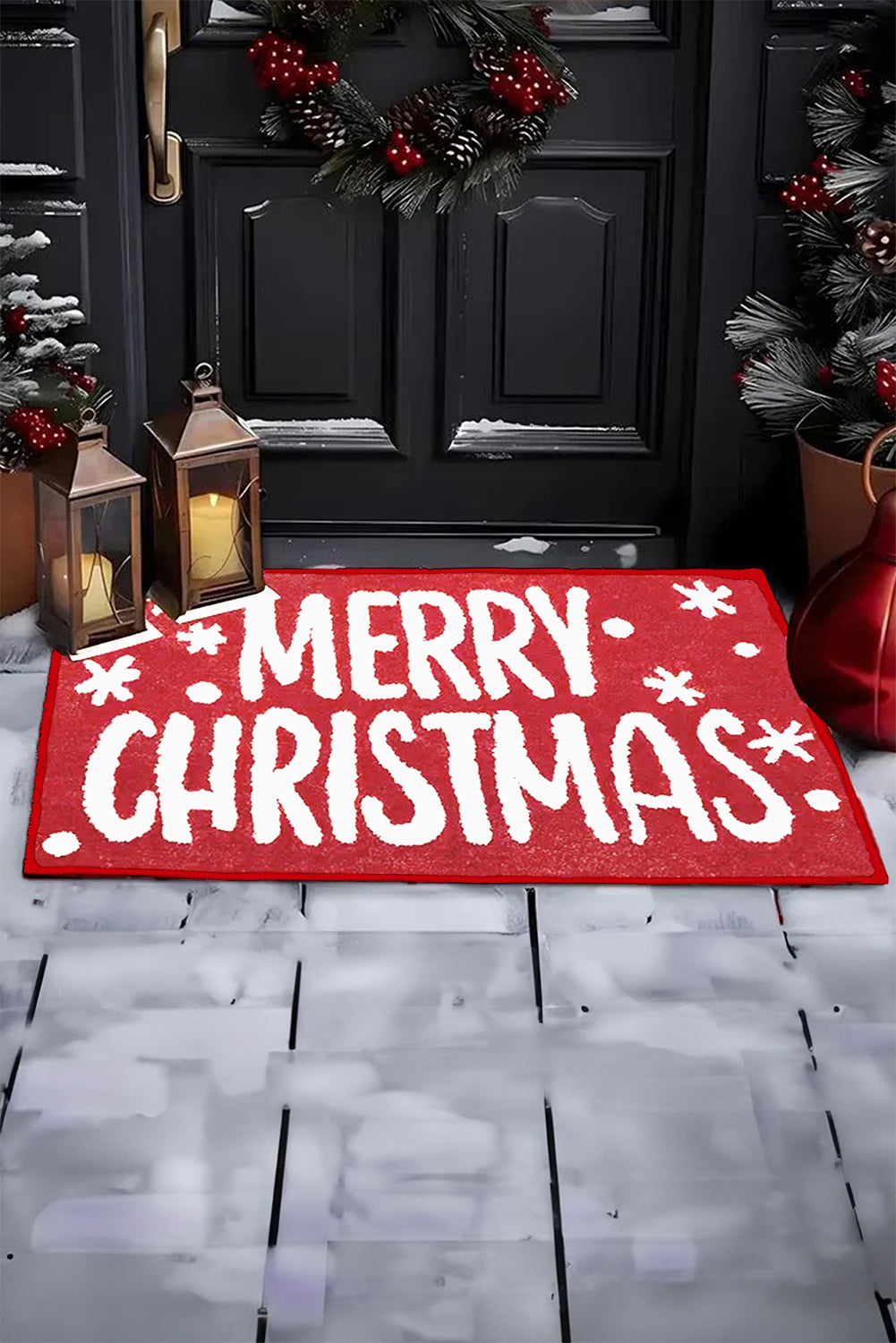 Fiery Red MERRY CHRISTMAS Plush Entrance Mat