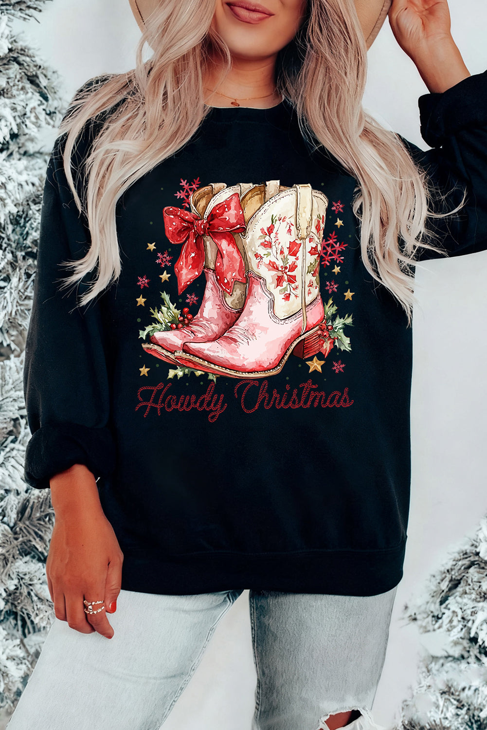 Black Howdy Christmas Boots Heat Transfer Printing Baggy Sweatshirt
