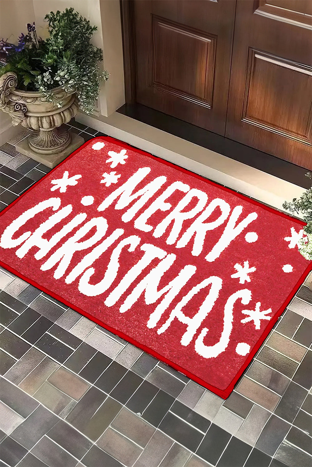 Fiery Red MERRY CHRISTMAS Plush Entrance Mat