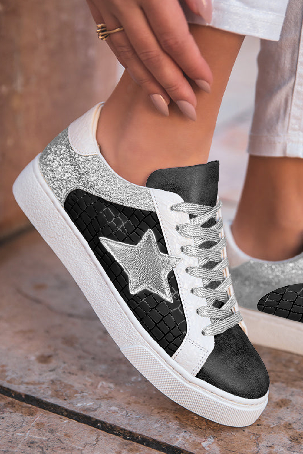 Black Glitter Star Patchwork PU Leather Lace-up Sneakers