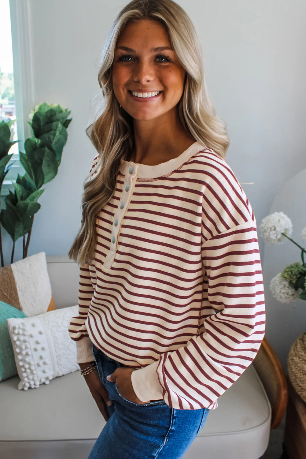 Red Dahlia Striped Henley Top