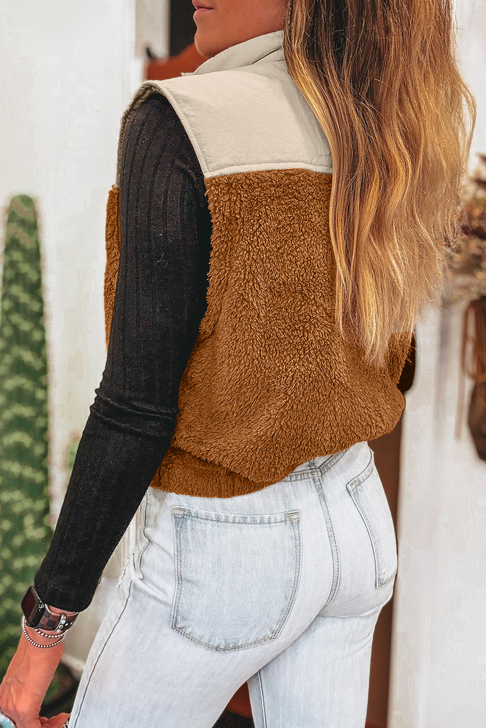 Chestnut Plush Patchwork Zipper Stand Neck Vest