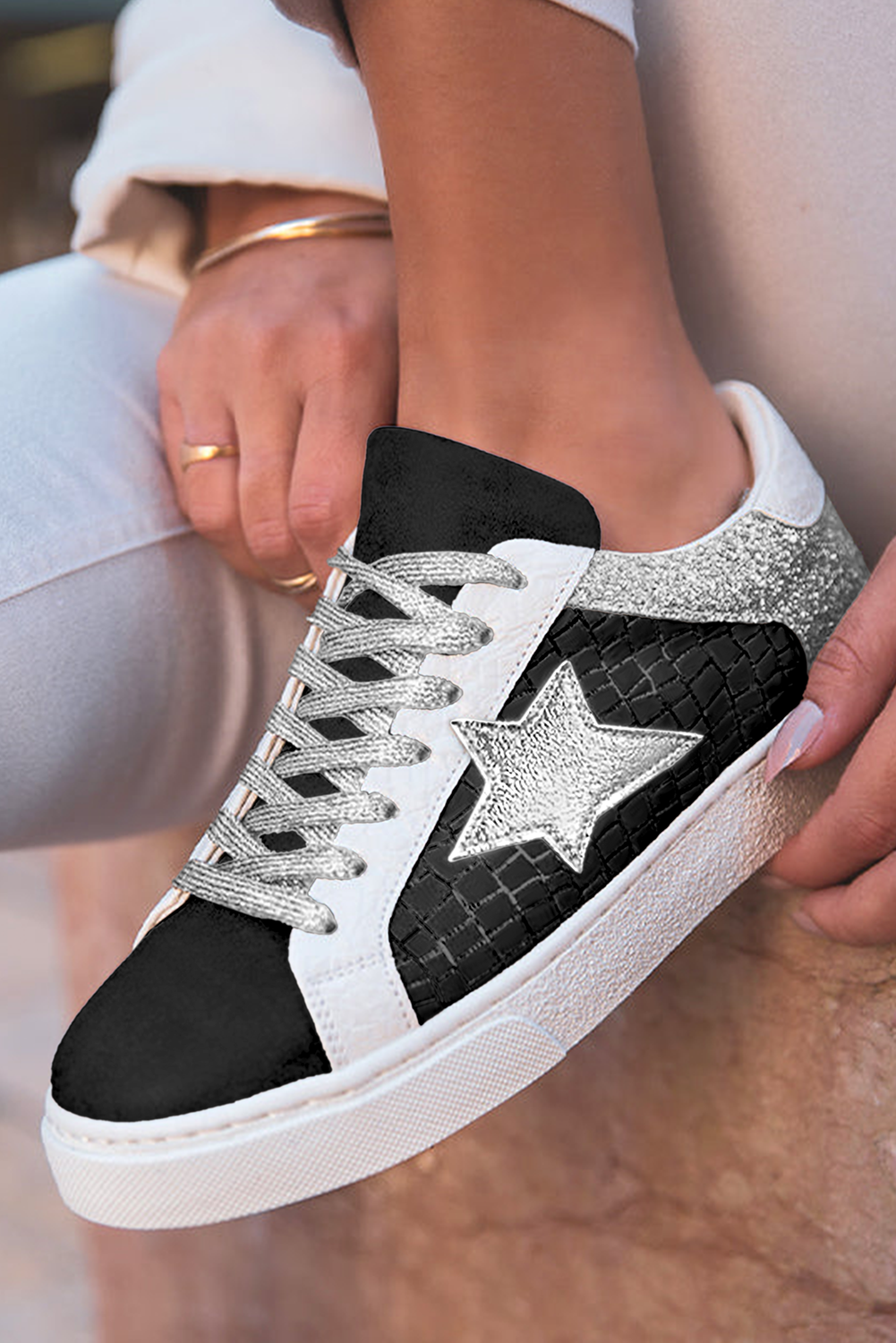 Black Glitter Star Patchwork PU Leather Lace-up Sneakers